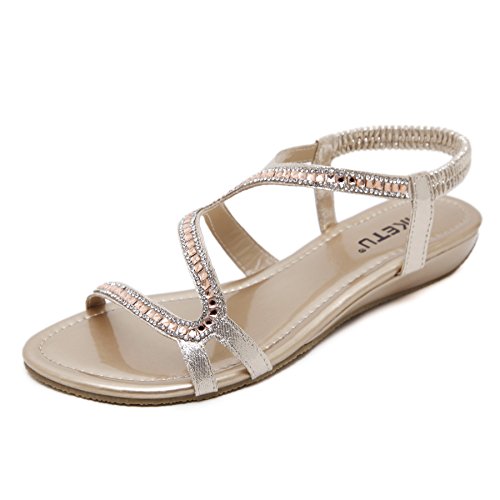 Chickwin Damen Sommer Sandalen mit Strass, Sommer Bohemian Elegant Flach Sandaletten PU Leder Mode Freizeit Strand Schuhe (EU40=CN40=250mm/9,8'',Beige) von Chickwin