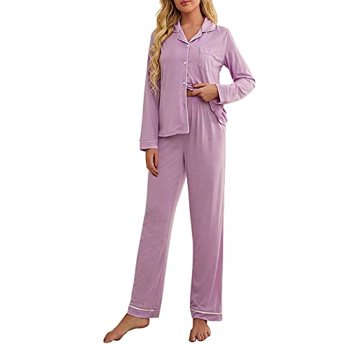Chickwin Einfarbig Pyjama Zweiteiliger für Damen Schlafanzug mit Knopfleiste und Pyjamahose Herbst Winter Warm Weich Frauen am Revers Langarm Nachtwäsche Set von Chickwin