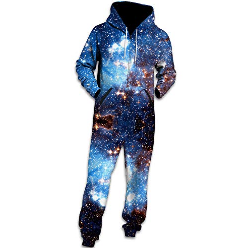 Chickwin Herren Sternenhimmel Jumpsuit Overall Jogger, Unisex Mädchen Kapuzenpullover Strampelanzug 3D Printed Onepiece Sweatshirt Männer Strampler Nachtwäsche Fitness Bekleidung (M,Blau) von Chickwin