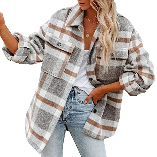 Chickwin Kariertes Hemd Damen, Plaid Shirt Button Down Boyfriend Dicke Langarm Hemdbluse Oversize Revers Karohemd V-Ausschnitt Mode Lässig Roll Up Blusenshirt mit Tasche Casual von Chickwin