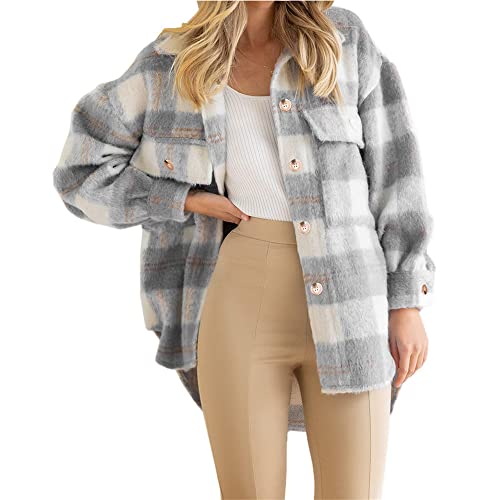Chickwin Kariertes Hemd Damen, Plaid Shirt Button Down Boyfriend Langarm Hemdbluse Oversize Dicke Revers Karohemd V-Ausschnitt Mode Lässig Roll Up Blusenshirt mit Tasche Casual von Chickwin