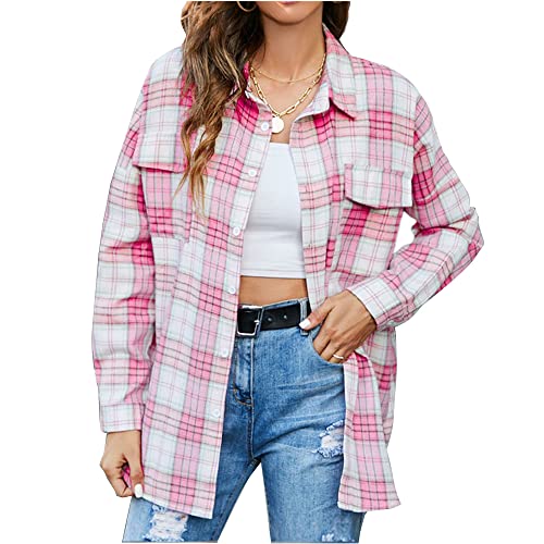 Chickwin Kariertes Hemd Damen Flanell Langarm Blusen mit Knopfleiste Retro Karo Loose Hemdbluse mit Tasche, Casual Holzfäller Karierter Mantel Jacke Hemd S-3XL von Chickwin