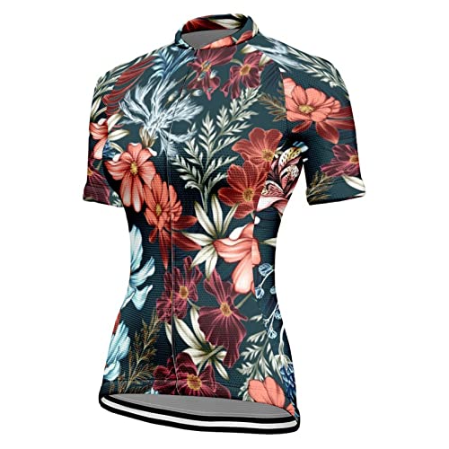 Chickwin Radtrikot Damen Kurzarm Top, Blumen Drucken Sommer Fahrradtrikot MTB Elastische Fahrradbekleidung Fahrrad Top T Shirt Atmungsaktive Cycling Jersey Bekleidung von Chickwin