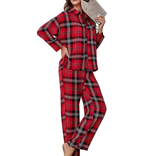 Chickwin Rot Kariert Schlafanzug Damen Zweiteiliger Herbst Winter Warm Weich Weihnachten Pyjama mit Knopfleiste Frauen V-Ausschnitt Langarm Nachtwäsche Set und Pyjamahose von Chickwin