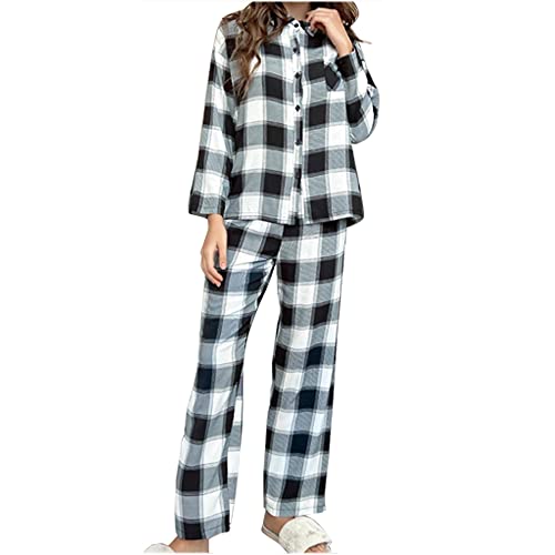 Chickwin Rot Kariert Schlafanzug Damen Zweiteiliger Herbst Winter Warm Weich Weihnachten Pyjama mit Knopfleiste Frauen V-Ausschnitt Langarm Nachtwäsche Set und Pyjamahose von Chickwin