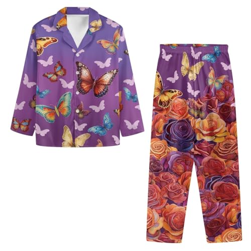 Chickwin Schlafanzug Damen Lang Pyjama Set mit Knopfleiste, Schmetterling Drucken Frauen Schlafanzüge Sleepshirt Lange Hose mit Taschen Hausanzug Zweiteilier Nachtwäsche von Chickwin