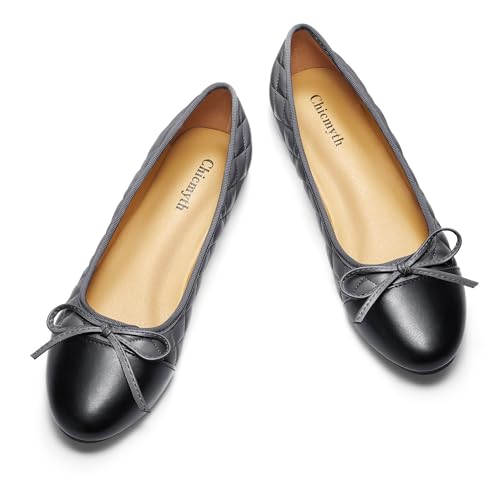 Chicmyth Ballerinas für Damen; runde Zehenpartie, Mary Jane; weiches Leder, geometrische Muster, elegante flache Schuhe; Schleifen-Schlupfschuhe, Grau-F3, 42 EU von Chicmyth