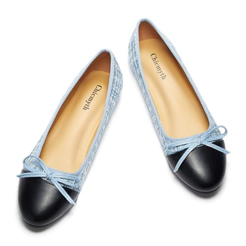 Chicmyth Ballerinas für Damen; runde Zehenpartie; Mary Jane Flats; elegante flache Schuhe aus Tweed-Stoff; Schleifen-Schlupfschuhe, Blau-F2, 42 EU von Chicmyth