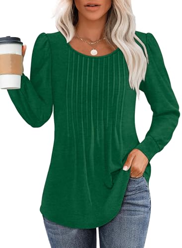 Chicrise 2024 Longshirt Damen Rundhals Langarm Mit Button Bluse Damen Elegant Plissee Puff Sleeve Top Grün Groß 42-44 L von Chicrise