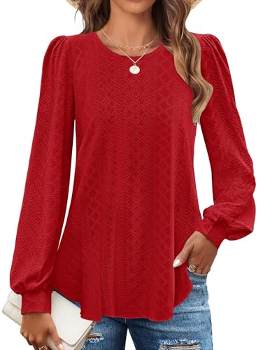 Chicrise Bluse Damen Elegant Herbst Langarmshirt Schicke Lässige Tunika Locker Festlich Rot 2X-Groß 50-54 2XL von Chicrise