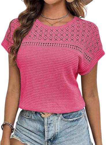 Chicrise Bluse Damen Elegant Kurzarm Spitzen Oberteile Häkel Rundhals Tshirt Sommer Rot Mittel 38-40 von Chicrise