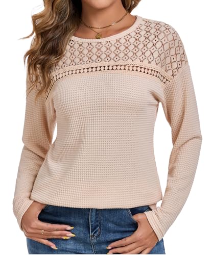 Chicrise Bluse Damen Elegant Spitze Langärmelige Oberteile Rundhals Lässig Tunika Herbst Luftig Elfenbein 2X Groß 50-54 von Chicrise