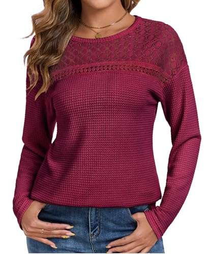 Chicrise Bluse Damen Elegant Spitze Langärmelige Oberteile Rundhals Lässig Tunika Herbst Luftig Rot X Groß 46-48 von Chicrise