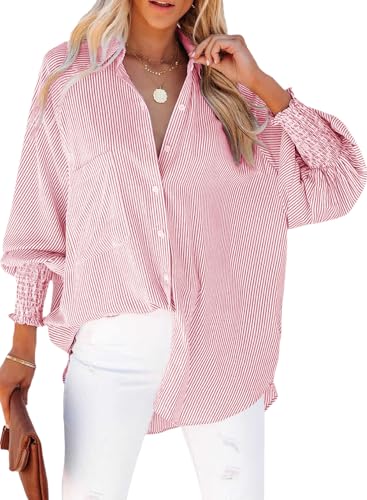 Chicrise Bluse Damen Knopfleiste Button-Down Oberteile Lange Ärmel Gestreift Casual Hemd Loose Elegant Rot 2X Groß 50-54 von Chicrise
