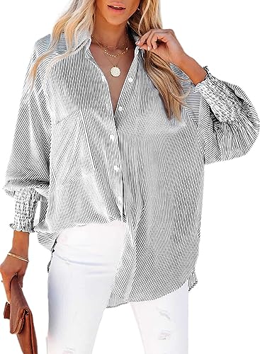 Chicrise Bluse Damen Knopfleiste Button-Down Oberteile Lange Ärmel Gestreift Casual Hemd Loose Elegant Schwarz 3X Groß 56-60 von Chicrise