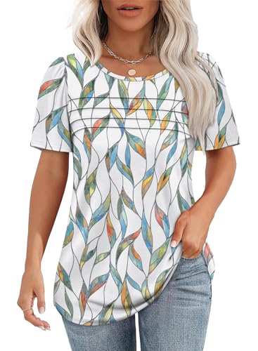 Chicrise T Shirt Damen Sommer Puffärmeln Rundhals Plissee Tunika Elegant Kurzarm Loose Plain Casual Oberteile Buntes Blattmuster Groß 42-44 von Chicrise