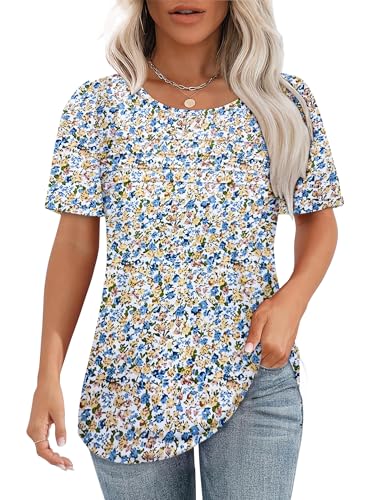 Chicrise Bluse Damen Kurzarm Plain Rundhalsausschnitt Plissee T-Shirts Elegant Lang Lässig Puffärmel Top Orange Blattmuster Groß 42-44 von Chicrise