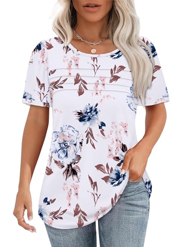 Chicrise Bluse Damen Kurzarm Plain Rundhalsausschnitt Plissee T-Shirts Elegant Lang Lässig Puffärmel Top Weiß Blumenmuster Groß 42-44 von Chicrise