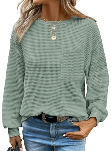 Chicrise Bluse Damen Langarm Rundhans Pullover Lässig Tasche Strick Tunika Herbst Loose Grün Groß 42-44 von Chicrise