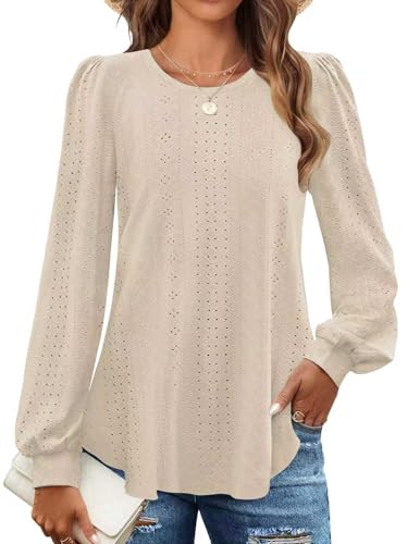 Chicrise Bluse Damen Rundhals Herbst Langarmshirt Elegant Puffärmel Mesh Pullover Dünne Fashion Beige X-Groß 46-48 XL von Chicrise