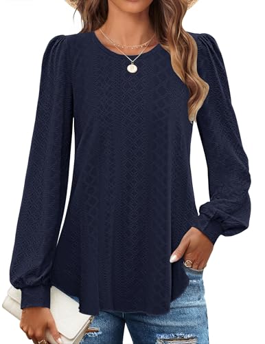 Chicrise Bluse Damen Rundhals Herbst Langarmshirt Elegant Puffärmel Mesh Pullover Dünne Fashion Marineblau X-Groß 46-48 XL von Chicrise