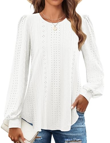 Chicrise Bluse Damen Rundhals Herbst Langarmshirt Elegant Puffärmel Mesh Pullover Dünne Fashion Weiß X-Groß 46-48 XL von Chicrise