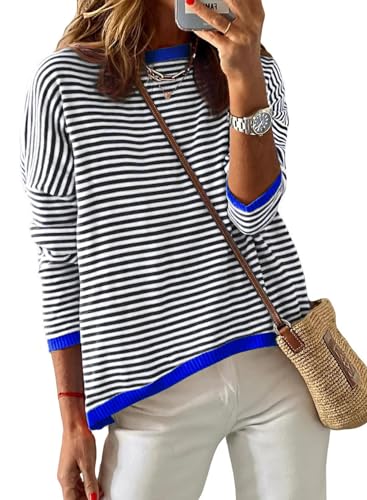 Chicrise Bluse Damen Rundhals Shirt Langarm Frühling Gestreifter Sweater Leichte Gestreift Ap Mittel 38-40 von Chicrise