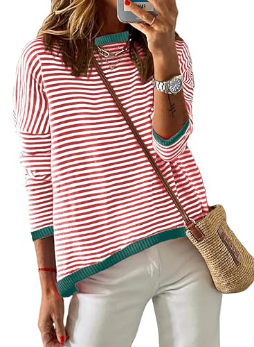 Chicrise Bluse Damen Rundhals Shirt Langarm Frühling Gestreifter Sweater Leichte Rot-weiß Gestreift Mittel 38-40 von Chicrise