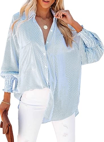 Chicrise Bluse Damen Streifen Langarm Button Down Shirt Oversize Leichte mit Tasche Hemd Basic Lässig Blau 2X Groß 50-54 von Chicrise
