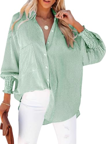 Chicrise Bluse Damen Streifen Langarm Button Down Shirt Oversize Leichte mit Tasche Hemd Basic Lässig Grün Mittel 38-40 Chicrise Bluse Damen Streifen Langarm Button Down Shirt Oversize Leichte mit Tasche Hemd Basic Lässig Grün Mittel 38-40 von Chicrise