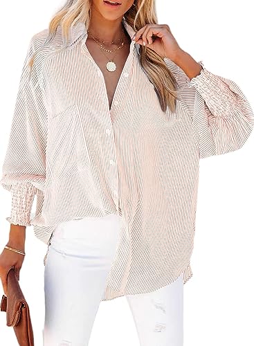 Chicrise Bluse Damen Streifen Langarm Button Down Shirt Oversize Leichte mit Tasche Hemd Basic Lässig Nude Mittel 38-40 von Chicrise
