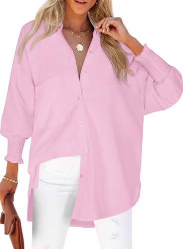 Chicrise Button Down Shirt Damen Gesmokte Manschetten Bluse V-Ausschnitt Streifen Leichte Hemd Oversize Rosa Groß 42-44 von Chicrise