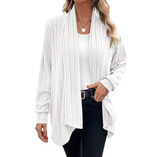 Chicrise Cardigan Damen Long Herbst Strickjacke Frühling Gestreiftes Leichte Strickmantel Modern Generisch Weiß Mittel 38-40 M von Chicrise
