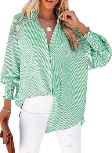 Chicrise Damen Bluse Knopfleiste Streifen Langarm Hemd Einfarbig Elegant Oberteile Leicht Elegant Grün 2X Groß 50-54 von Chicrise