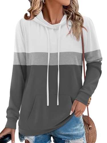 Chicrise Damen Hoodie Mit Kapuze Rundhalausschnitt Kapuze Pullover Mit Taschen Langarm Farbblock Strick Sweatshirt Weiß Grau Mittel 38-40 von Chicrise