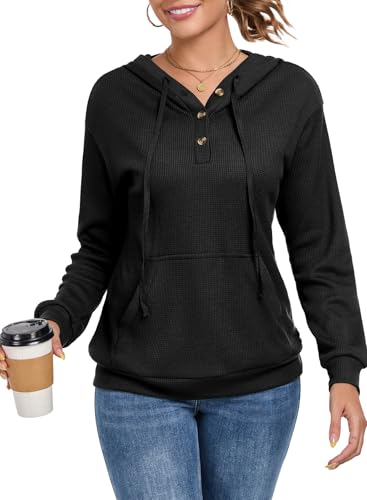 Chicrise Damen Hoodies Oversize V Ausschnitt Knöpfe Kapuzenpullover Mit Kordelzug Pullover Waffel Lässig Schwarz Klein 34-36 von Chicrise
