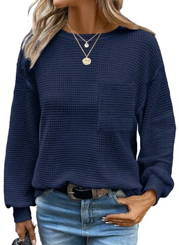 Chicrise Damen Langarmshirt Waffelgestrick Business Strickpullover Leichte Casual Shirt Herbst Basic Blau Groß 42-44 von Chicrise