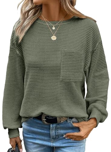 Chicrise Damen Langarmshirt Waffelgestrick Business Strickpullover Leichte Casual Shirt Herbst Basic Grün 2X Groß 50-54 von Chicrise