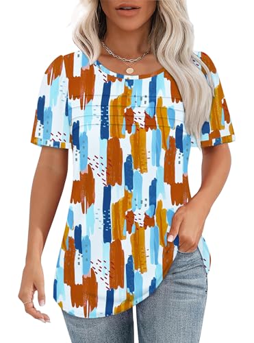Chicrise Damen Oberteile Kurzarm Rundhals Falten Casual Tshirt Puffärmel Oversize Schicke Klassisch Damenbekleidung Ölgemälde Mittel 38-40 von Chicrise