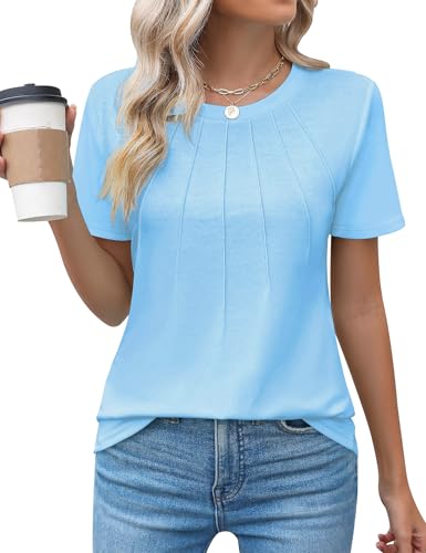 Chicrise Damen Oberteile Sommer Elegant Basic Rundhals T-Shirt Kurzarm Falten Einfarbig Mode Top Himmelblau X Groß 46-48 von Chicrise