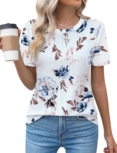 Chicrise Damen Oberteile Sommer Elegant Basic Rundhals T-Shirt Kurzarm Falten Einfarbig Mode Top WeiB Blumenmuster 2X Groß 50-54 von Chicrise