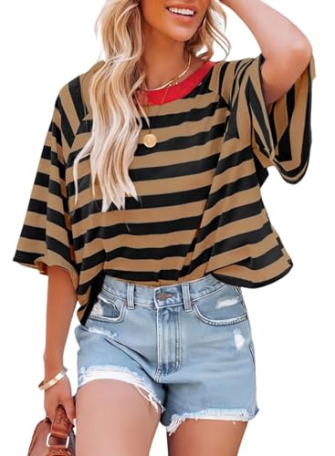 Chicrise Damen Oberteile Sommer Oversize Gestreift Kurzarm T-Shirt Rundhals Casual Mode Ringelshirt Braun Schwarz X Groß 46-48 von Chicrise