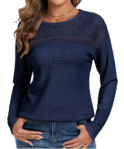 Chicrise Damen Oberteile Spitze Rundhals T Shirt Langarm Hollow Out Top Herbst Basic Blau 2X Groß 50-54 von Chicrise