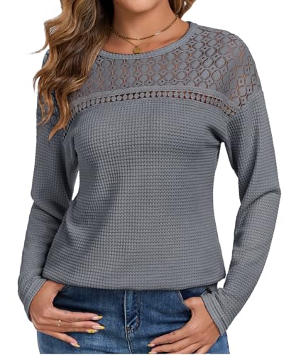 Chicrise Damen Oberteile Spitze Rundhals T Shirt Langarm Hollow Out Top Herbst Basic Grau Klein 34-36 von Chicrise