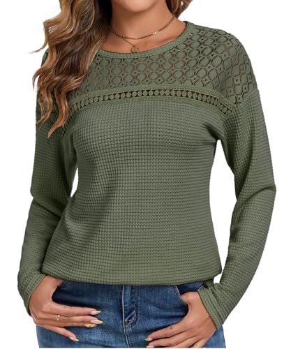 Chicrise Damen Oberteile Spitze Rundhals T Shirt Langarm Hollow Out Top Herbst Basic Grün Groß 42-44 von Chicrise
