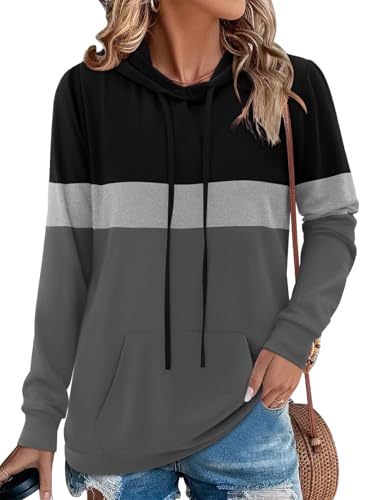 Chicrise Damen Pullover Herbst Mit Kapuzen Rundhals Langarm Strickpullover Farbblock Strick Hoodie Schwarz Grau 2X Groß 50-54 von Chicrise