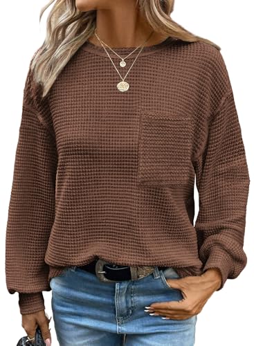 Chicrise Damen Pullover Waffelstrick Langarm Sweatshirt Rundhals Casual Shirt Elegant Herbst Mode Braun Groß 42-44 von Chicrise
