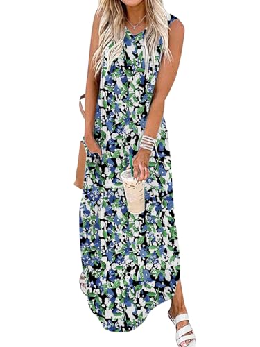 Chicrise Damen Sommer Kleider Lang Ärmellos Strandkleid 2025 Boho Maxi-Kleid elegant Blau Mittel 38-40 von Chicrise