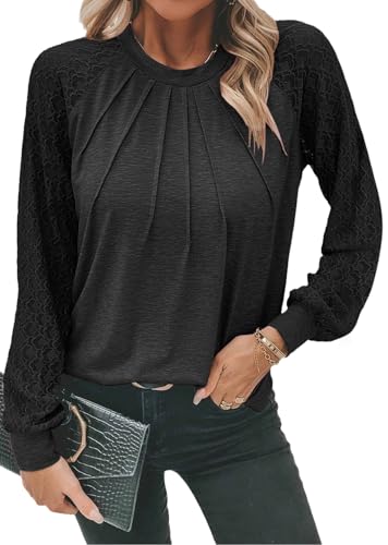 Chicrise Damen Tshirt Herbst Spitze Bluse Mit Rundhalsausschnitt with Pleats Baumwoll Tunika Shirt Leicht Schwarz klein 34-36 von Chicrise
