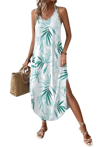 Chicrise Damenkleid, Sommer, V-Ausschnitt, Maxikleid, ärmellos, locker, langes, fließendes Sommerkleid, geteilt, lässig, Bambusblatt, S von Chicrise